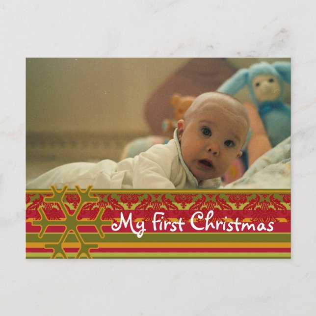 Postal Festiva Stripes Damask My First Christmas Photo Postcard (Anverso)