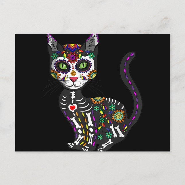 Postal Festiva Sugar Skull Mexican Cat Halloween Day Of The Dead (Anverso)