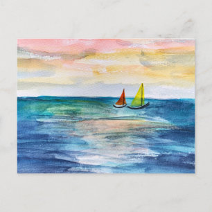 Postal Festiva Sunset acuático con barcos de vela