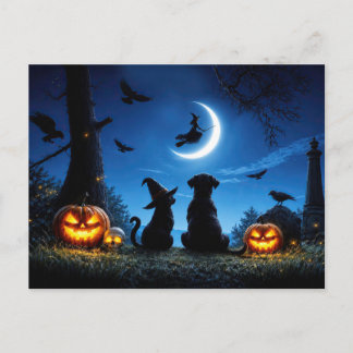 Postal Festiva Super adorable perro y gato de Halloween brujeril