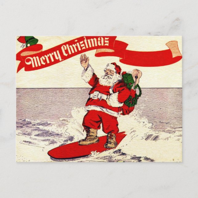 Postal Festiva Surfing Retro Santa Postcard (Anverso)