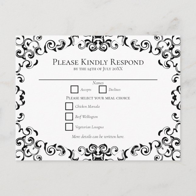 Postal Festiva Swirls de Boda blanco y negro (Anverso)