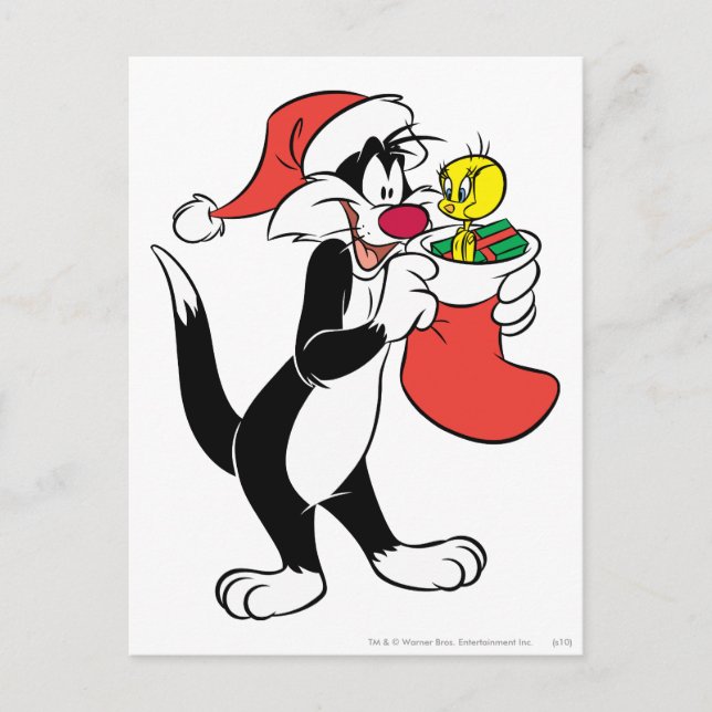 Postal Festiva Sylvester Cat con sirenas (Anverso)