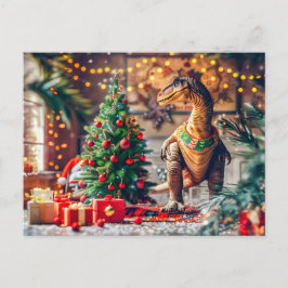 Postal Festiva T-Rex celebrando Navidades por árbol