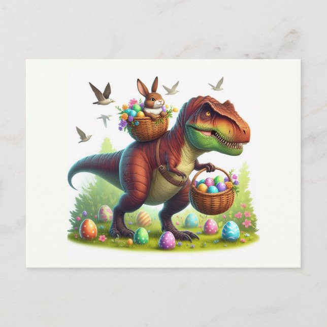Postal Festiva T-Rex con conejo de Pascua (Anverso)
