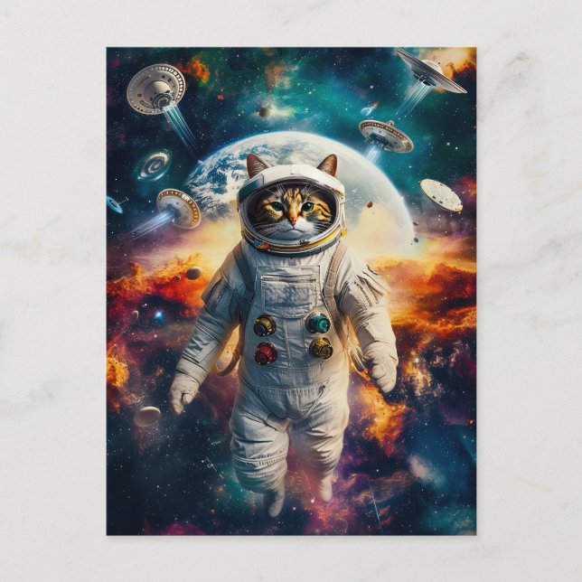 Postal Festiva Tabby cat with Earth behind (Anverso)