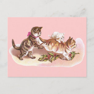 Postal Festiva Tabby Cats & Holly Navidades victorianos