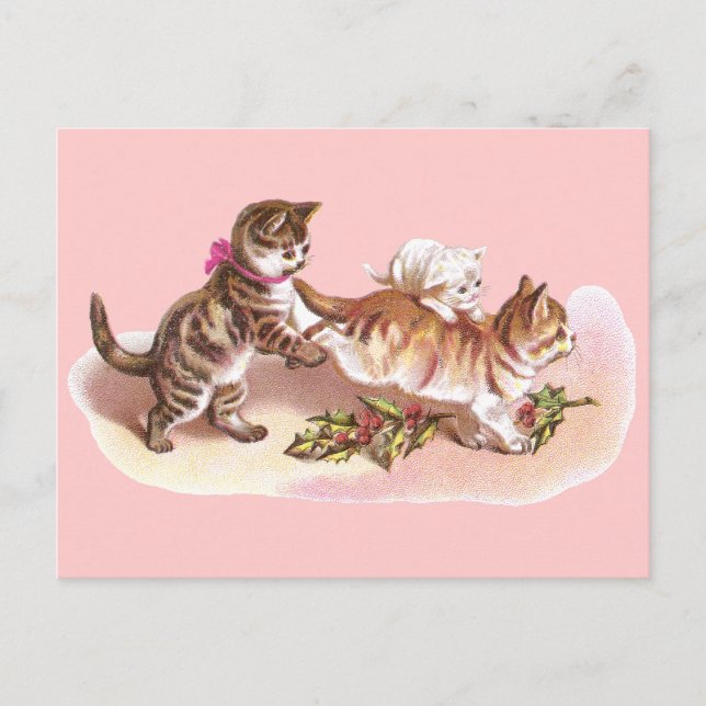 Postal Festiva Tabby Cats & Holly Navidades victorianos (Anverso)