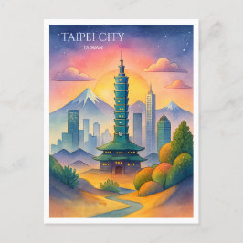 Postal Festiva Taipei City Taiwan Skyline Watercolor