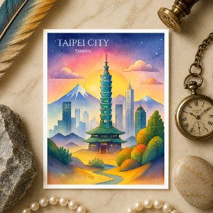 Postal Festiva Taipei Ciudad Taiwán Silueta Acuarela