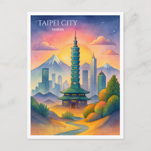 Postal Festiva Taipei Ciudad Taiwán Silueta Acuarela