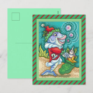 POSTAL FESTIVA TALES DE PESCADO DE SANTA CLAUS, PESCADO, BOLSA DE