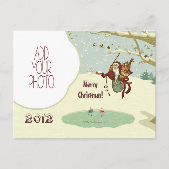 Postal Festiva Tarzan Santa y pájaros patinadores (Anverso)