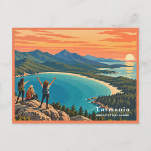Postal Festiva Tasmania Vintage Chicas Caminando Atardecer