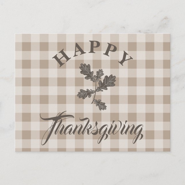 Postal Festiva Taupe Plaid Foliage moderno Feliz Día de Acción de (Anverso)