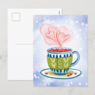 Postal Festiva Té acogedor y corazones rosas