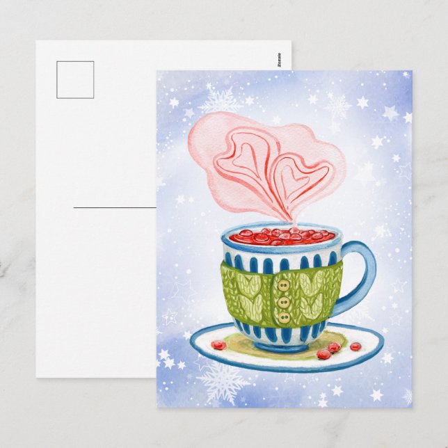 Postal Festiva Té acogedor y corazones rosas (Anverso / Reverso)