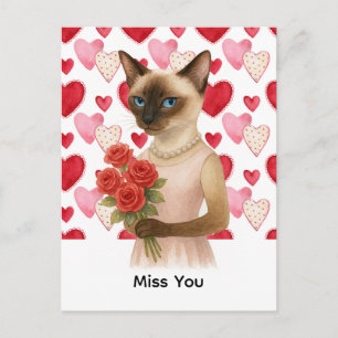 Postal Festiva Te extraño de Gata siamesa mamá sosteniendo rosas