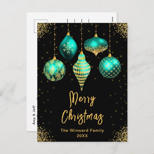 Postal Festiva Teal and Gold Ornaments Merry Christmas (Anverso / Reverso)