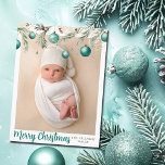 Postal Festiva Teal Merry Christmas Ornaments Vertical Photo<br><div class="desc">Cute teal ornaments with beautiful watercolor holiday leaves dangle over your favorite vertical holiday photograph. Elegant Merry Christmas photo postcards with pretty decorations.</div>