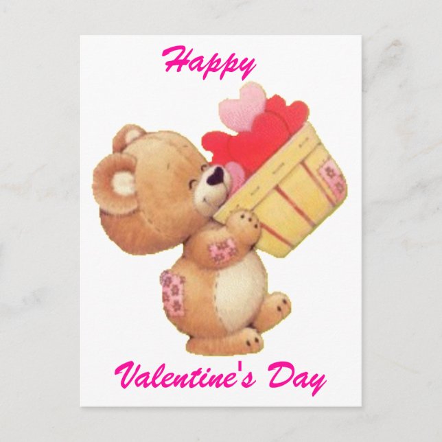 Postal Festiva Teddy Y Una Cesta De Corazones (Anverso)