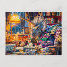 Tejiendo triceratops en un acogedor sillón