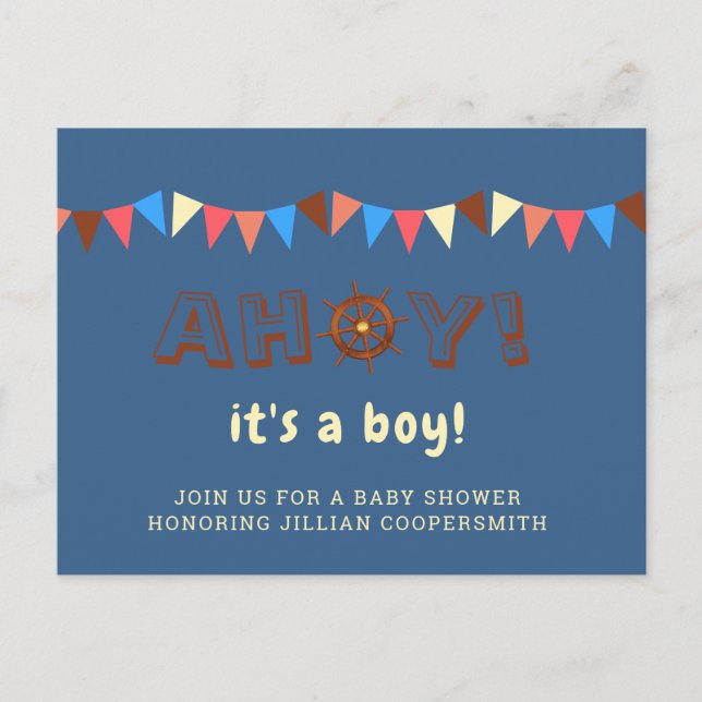 Postal Festiva Tema de Baby Shower Nautical Ahoy Boy (Anverso)