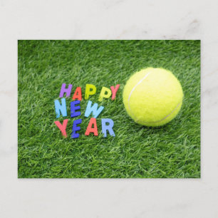 Postal Festiva Tenis feliz Año Nuevo y pelota de tenis para jugad