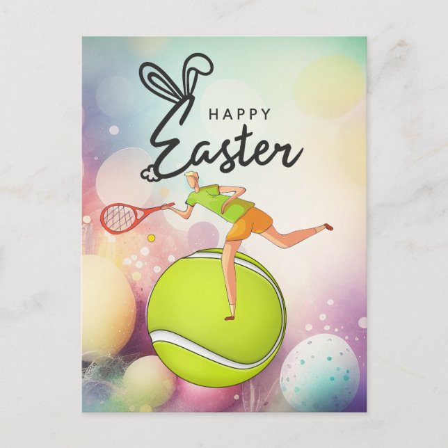 Postal Festiva Tenis Feliz Pascua al jugador de tenis con huevos (Anverso)