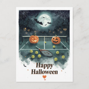 Postal Festiva Tenis Halloween para jugador de tenis con raqueta