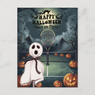 Postal Festiva Tenis Halloween para jugador de tenis con raqueta