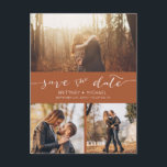 Postal Festiva Terracota de Collage de fotos moderno salva la fec<br><div class="desc">Elige las mejores fotos de tu sesión o de tus fotos favoritas de los dos para guardar la fecha. Las palabras que guardan la fecha están escritas a mano para darle un toque personal a la postal. Edite esta opción para guardar la tarjeta boda de fecha con su información y...</div>