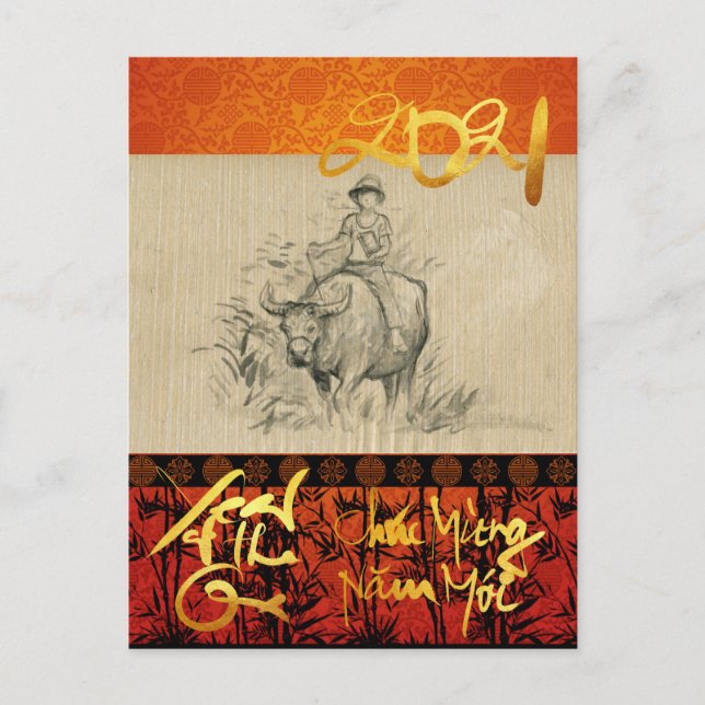 Postal Festiva Têt OX y Child 2021 HpostC vietnamita de Año Nuevo (Anverso)