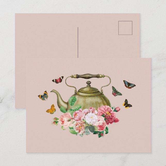 Postal Festiva Tetera Fiesta Floral rosa y mariposas Kettle (Anverso / Reverso)
