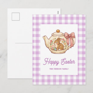 Postal Festiva Tetera personalizada de conejo de Pascua a cuadros