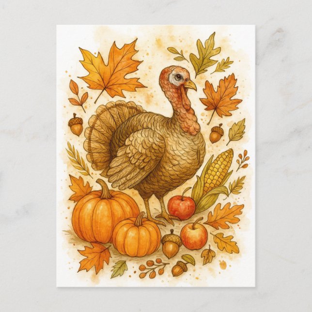 Postal Festiva Thanksgiving Turkey Watercolor Postcard (Anverso)