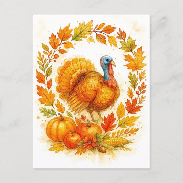 Postal Festiva Thanksgiving Turkey Wreath Postcard (Anverso)