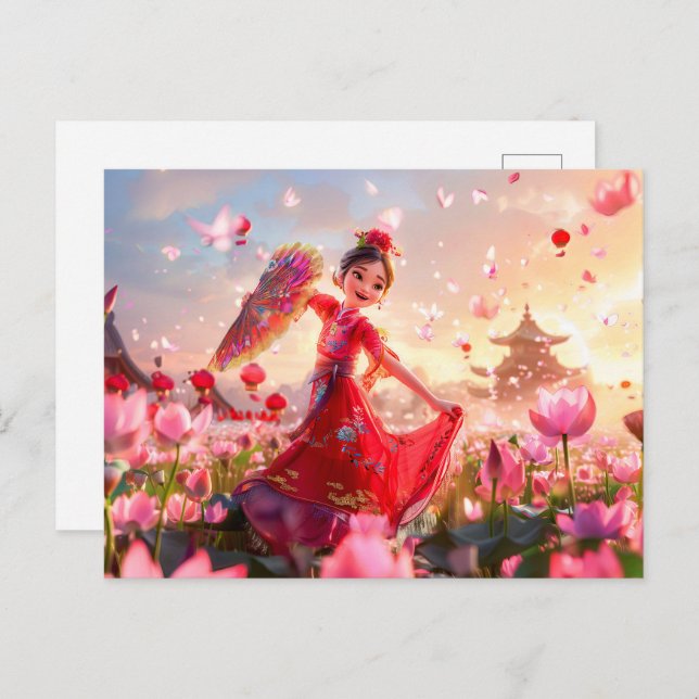 Postal Festiva Tía de Chica cómico con ventilador tradicional (Anverso / Reverso)