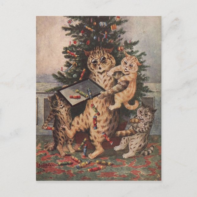 Postal Festiva Tiempo de Navidades Louis Wain en Catland (Anverso)