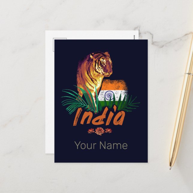 Postal Festiva Tigre de la India con bandera retro Lotus souvenir (Anverso/Reverso In Situ)