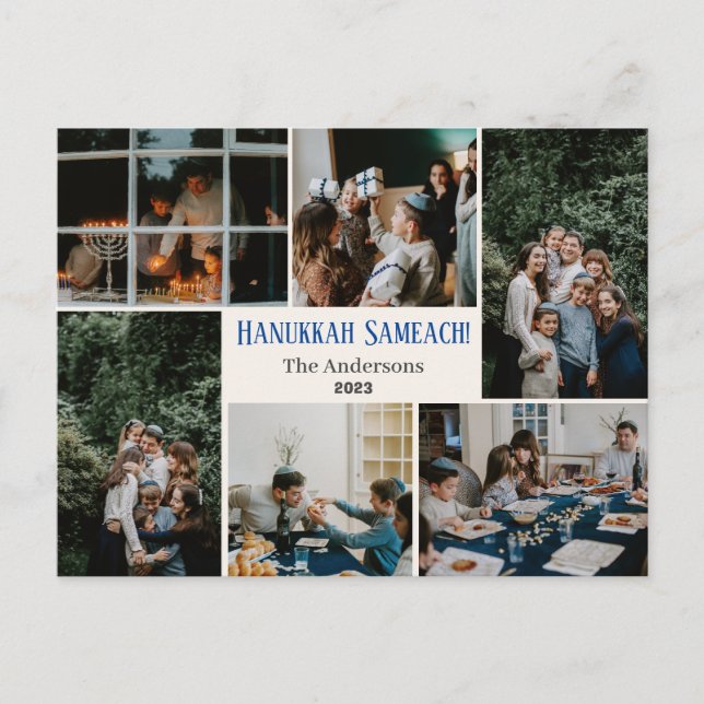 Postal Festiva Tipografía de Hanukkah Fotografía familiar azul Co (Anverso)