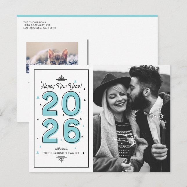 Postal Festiva Tipografía geométrica azul 2025 Año Nuevo (Anverso / Reverso)