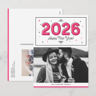Postal Festiva Tipografía geométrica rosa caliente Foto de Año Nu