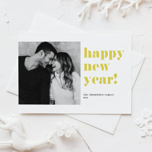 Postal Festiva Tipografía Negrita Amarilla Foto Feliz Año Nuevo