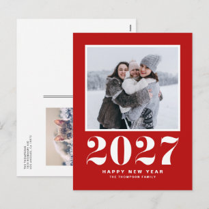 Postal Festiva Tipografía Retro 2027 Foto de Año Nuevo Roja