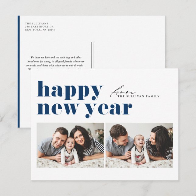 Postal Festiva Tipografía Retro Azul Felices Fiestas Dos Fotograf (Anverso / Reverso)