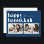 Postal Festiva Tipografía Retro Azul Feliz Hanukkah Dos Fotografí<br><div class="desc">¡Feliz Hanukkah! Envíe sus saludos de Hanukkah a la familia y amigos con esta tarjeta de personalizable de foto de Hanukkah. Presenta tipografía retro audaz. Personalice agregando sus detalles. Esta tarjeta personalizado Hanukkah está disponible en otros colores y material de cartón. Los elementos coincidentes están disponibles.</div>