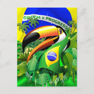 Postal Festiva Toco Toucan con bandera de Brasil