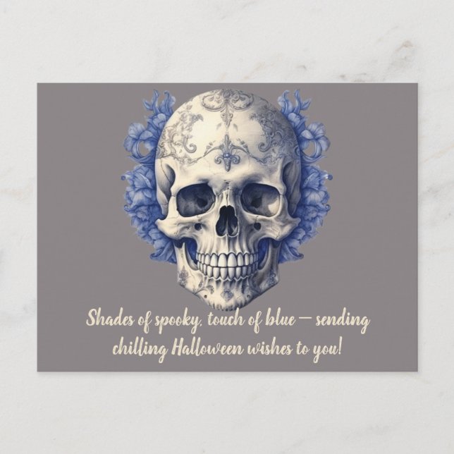 Postal Festiva Tonos de Bonito azul y Creepy Skull Halloween (Anverso)