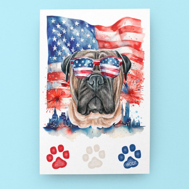 Postal Festiva Toro Bullmastiff Rojo Blanco Azul Ladrido 4 de Jul (Subido por el creador)